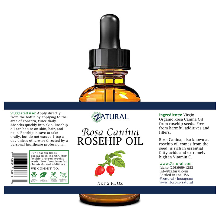 Zatural ROSA CANINA Organic Rosehip Oil for Face Nails Hair and Skin Cold Pressed Rose Hip Oil 2 oz