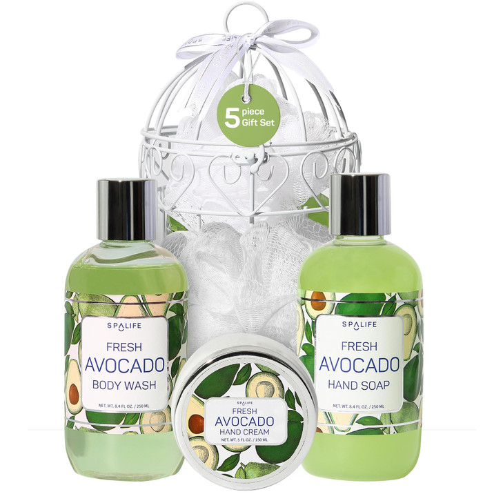 SpaLife Cherry Blossoms Gift Set 5Piece Bath and Shower Caddie Bubble Bath Shower Gel Bath Salts Body Lotion Relaxing Lu