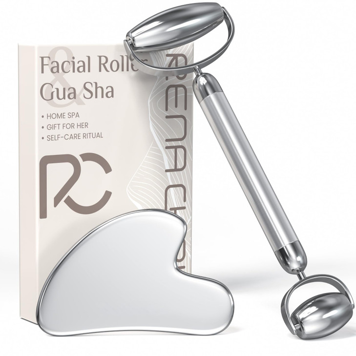 Rena Chris Gua Sha and Face Roller Set AntiBreakage Stainless Steel Roller for LongLasting Use Jawline Sculpting and Puf