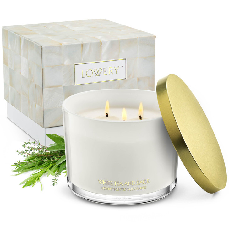 Luxury White Tea Sage Scented Candles Large Soy Candles 3 Wick Aromatherapy Candle Wedding Gift Birthday Gifts for Women