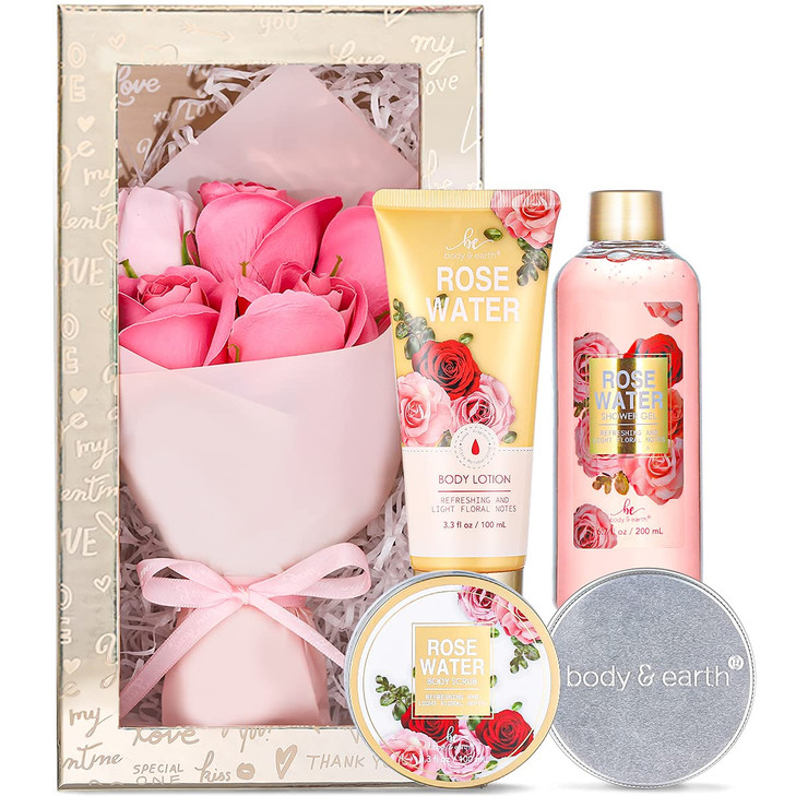 Mothers Day Gifts for Mom Spa Birthday Gift Baskets for Women Her Wife Girlfriend with Rose Scented Shower Gel Body Scru