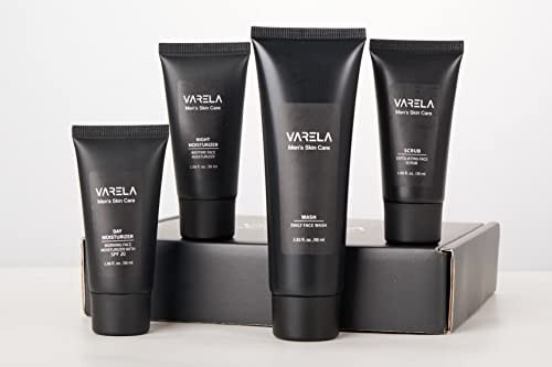 VARELA Premium Mens 4pc Skin Care Set Mens Face Scrub Mens Morning Moisturizer with SPF20 and Mens Evening Moisturizer M