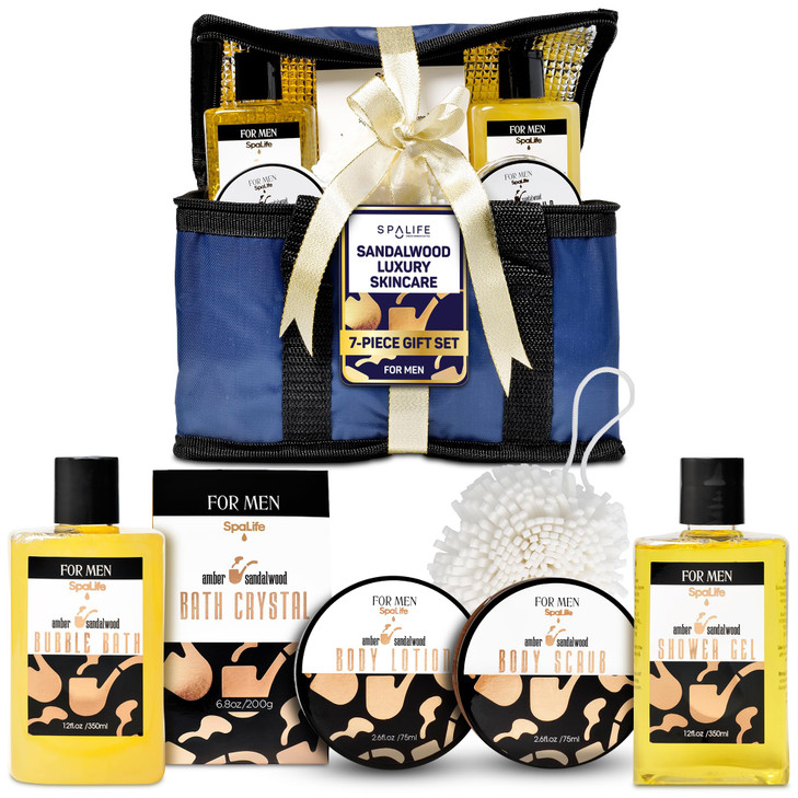 SpaLife Luxury Spa Skincare Sandalwood Gift Set for Men Mens Body Wash Gifts Mens Gift Set for Bath and Body Gifts for M
