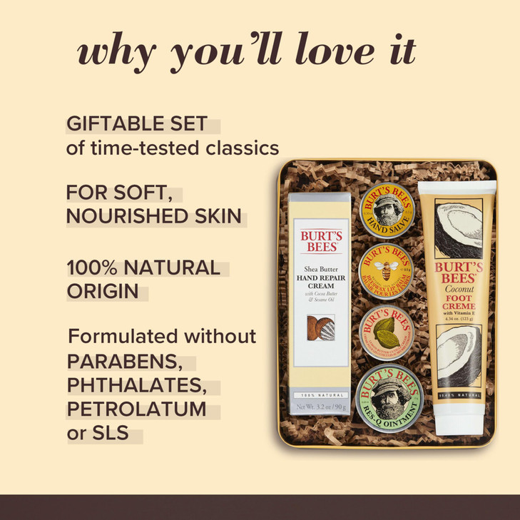 Burts Bees Gifts Ideas Classics Set 6 Products in Giftable Tin Cuticle Cream Hand Salve Lip Balm ResQ Ointment Hand Repa