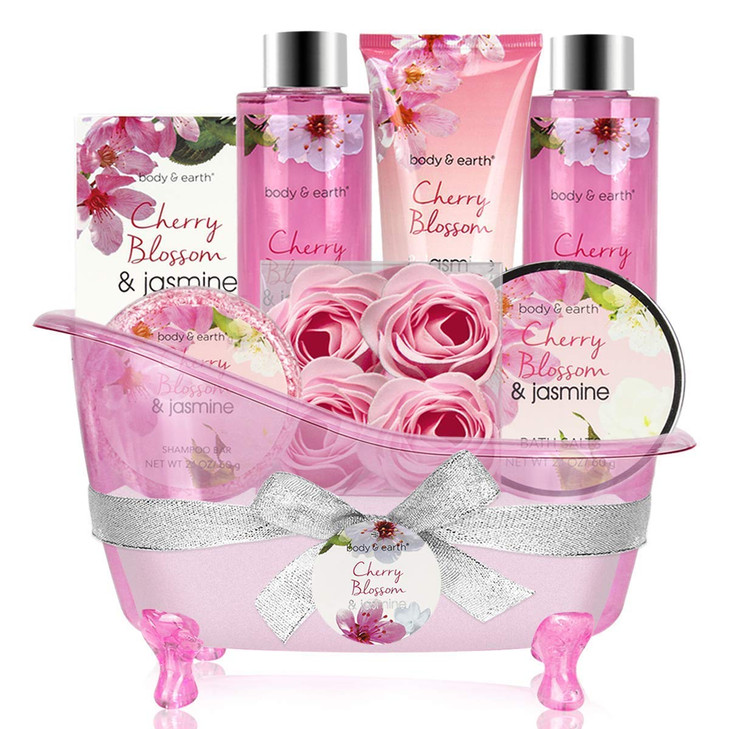 Body Earth Gift Baskets for Women Bath and Body Set for Her Cherry Blossom Jasmine Spa Gifts for Women Birthday Mothers