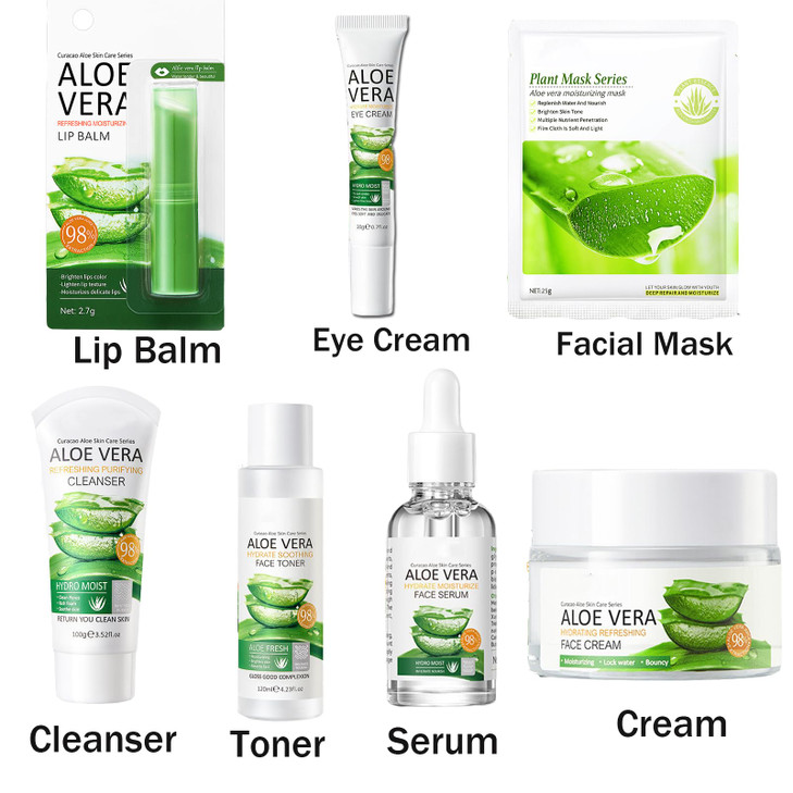 8Pcs Aloe Vera Skin Care Set Face Care Kit With Cleanser Mask Toner Serum Lip Balm Eye Cream Moisturizer for Women Girls