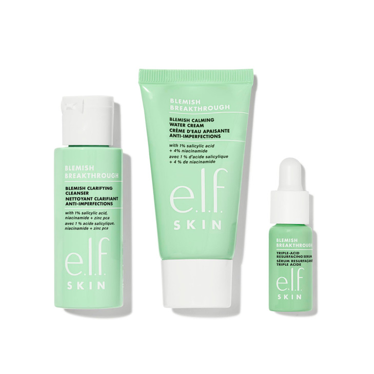 elf SKIN Blemish Breakthrough Blemish Control Basics Kit TravelSize Acne Skincare Routine Cleanser Serum Moisturizer Veg