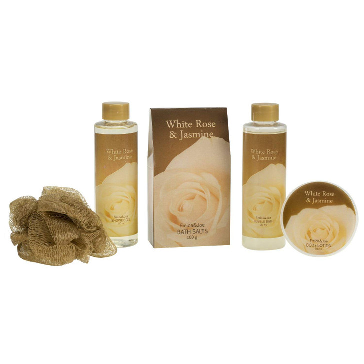 White Rose Jasmine Spa Set For Women in Elegant Gold Tub Includes Shower Gel Bubble Bath Body Lotion Jasmine Bath Salt P