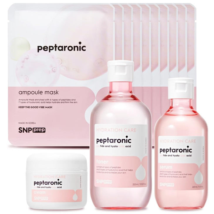 Snp 6 Peptides 5 Hyaluronic Acid Skincare Set 4in1 Kit of Toner Serum Cream Sheet Masks Moisturizing Firming Hydrating K