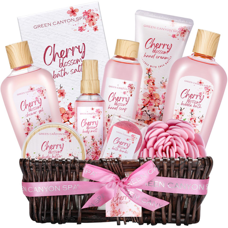 Green Canyon Spa 11 Pcs Cherry Blossom Scent Spa Gift Baskets Luxurious Gifts for Women Gift for Her Valentines Day Gift