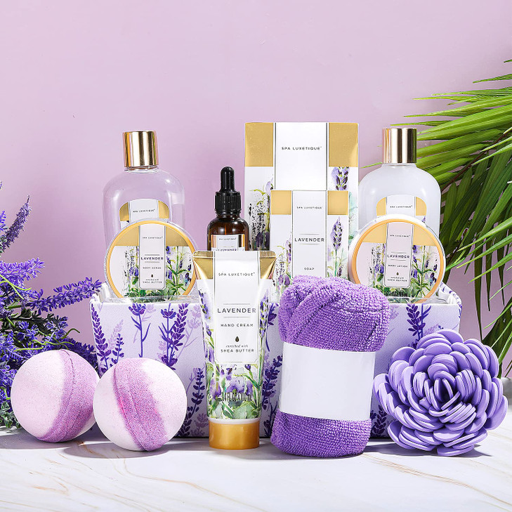 Spa Luxetique Lavender Gift Baskets for Women Spa Kit for Women 12 Pcs Birthday Gifts Set Home Skin Care Sets for Her An