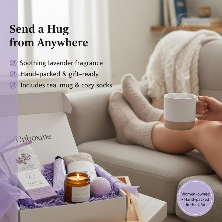 Unboxme Luxury Lavender Spa Gift Set Relaxation Gift Basket Care Package for Women with Candle Bath Bomb Soap Cozy Socks