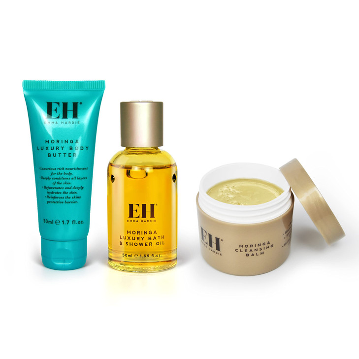 Emma Hardie Luxury Spa Skin Care Set Travel Size Cleansing Balm Body Oil and Body Butter Body Gift Set with Moringa Almo