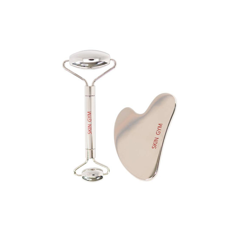 Skin Gym Silver Facial Roller and Gua Sha Tool Workout Skin Care Set for Wrinkles and Fine Lines Anti Aging Face Lift Be