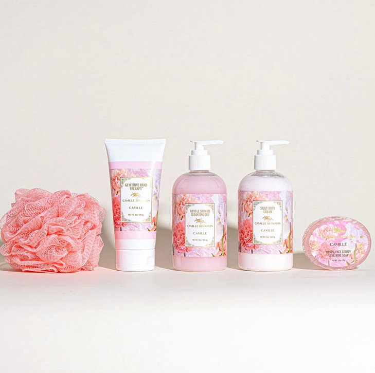 Camille Beckman Essentials Gift Basket Camille Glycerine Hand Therapy 6 oz Silky Body Cream 13 oz Hand and Shower Cleans