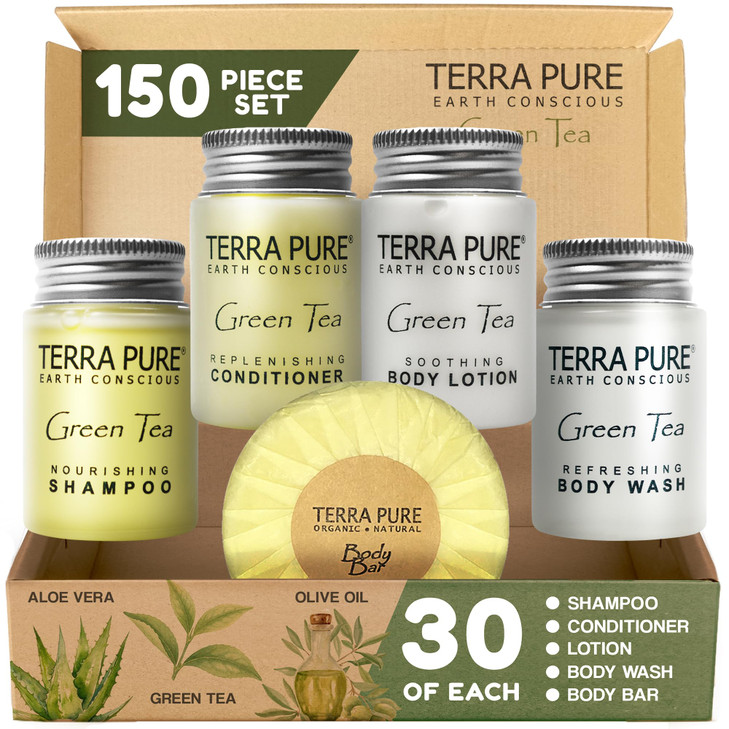 Terra Pure Hotel Soaps Toiletries Bulk Set 1Shoppe Amenities Kit 1oz Shampoo Conditioner Body Wash Lotion 125oz Bar Soap