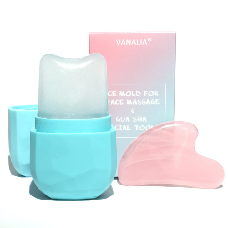 VANALIA Ice Roller for Face and Eye Gua Sha Facial Massage Beauty Set with Silicone Ice Mold Blue