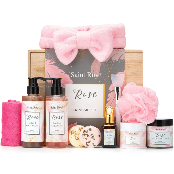Spa Gifts for Women Self Care Kit ROSE Scented with Facial Cleanser Scrub Body Wash Facial Clay Mask Facial Essential Oi