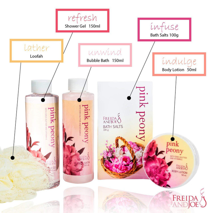 Home Spa Gift Basket Peony Spa Set For Women Contains Shower Gel Bubble Bath Body Lotion Peony Bath Salt Puff in a Pink