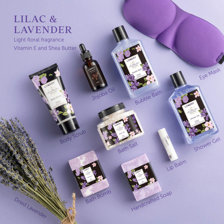 Gift Baskets for Women Valentines Day Gifts for Her Spa Gifts for Women Lavender Lilac Bath Set Soap Bath Bomb Jojoba Oi