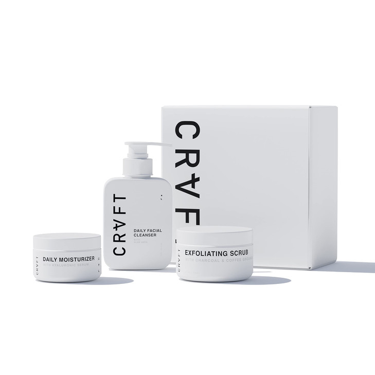CRVFT Mens Facial Care Kit Aloe Vera Face Wash 3oz Hyaluronic Moisturizer 1oz Charcoal Exfoliating Scrub 17oz 3 Piece Co