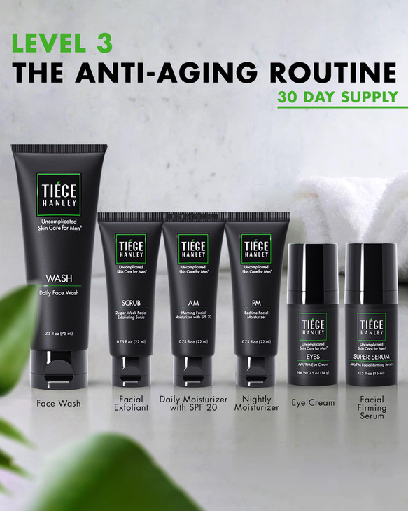 Tiege Hanley Skin Care Set for Men Anti Aging Routine System Level 3 Daily Face Wash Facial Scrub Two Moisturizers Eye C