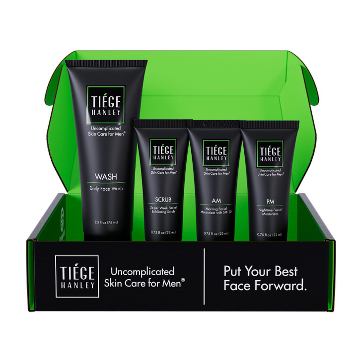Tiege Hanley Skin Care Set for Men Essential Routine System Level 1 Daily Face Wash Facial Scrub Moisturizer With SPF an