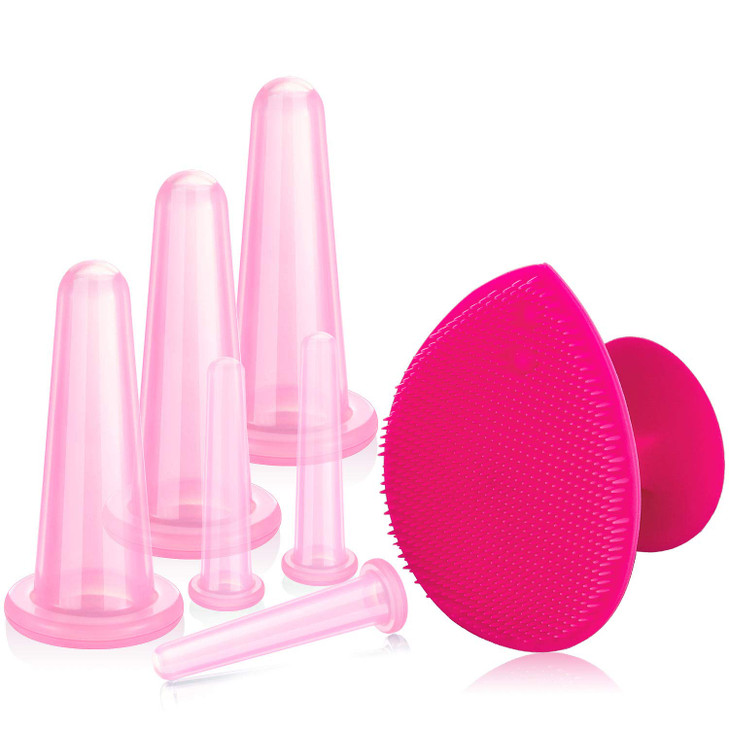 BBTO Silicone Facial Cupping Set Vacuum Massage Cup Kit for Body Face Neck Back and Eye 6 Cups and Exfoliating Brush