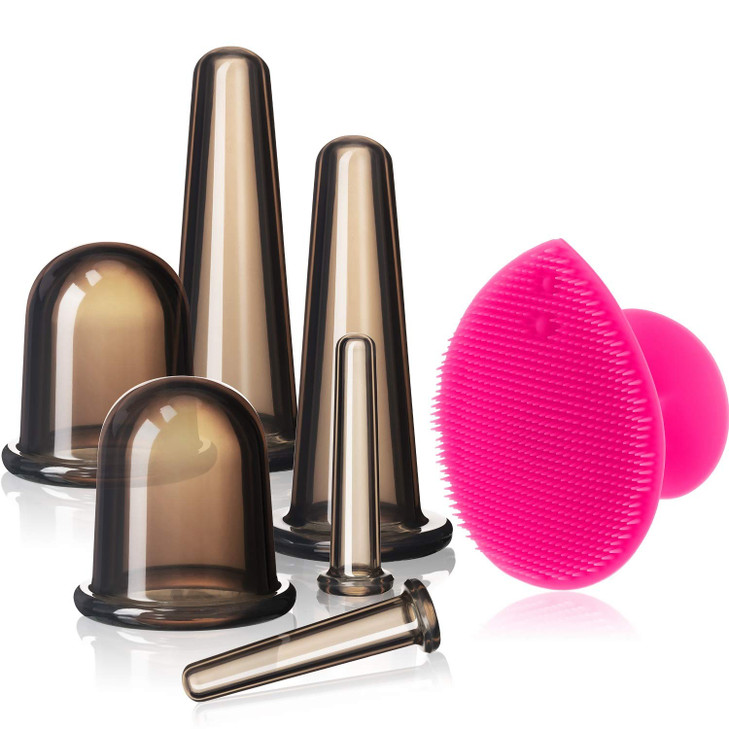 BBTO Silicone Facial Cupping Set Vacuum Massage Cup Kit for Body Face Neck Back and Eye 6 Cups and Exfoliating BrushBlac
