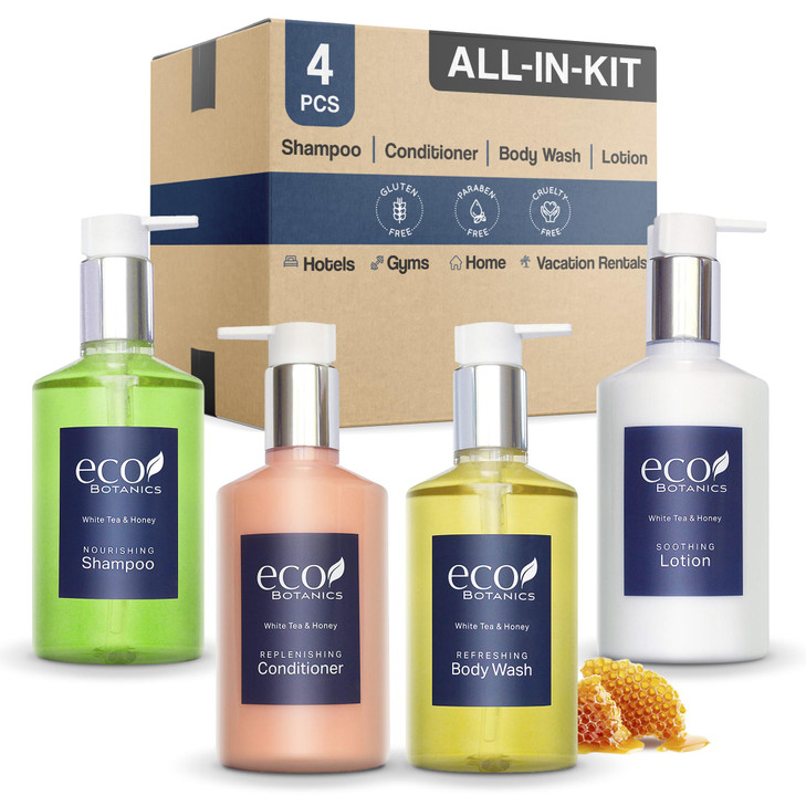 Eco Botanics Hotel Amenities Set 1014oz Pump Bottles Shampoo Conditioner Hand Body Wash and Lotion Set of 4