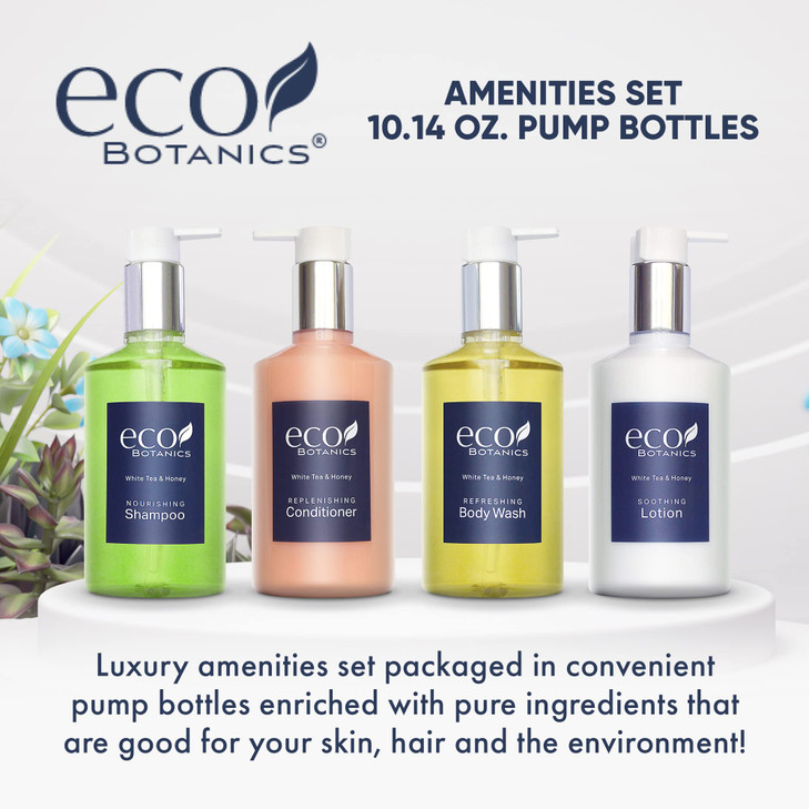 Eco Botanics Hotel Amenities Set 1014oz Pump Bottles Shampoo Conditioner Hand Body Wash and Lotion Set of 4