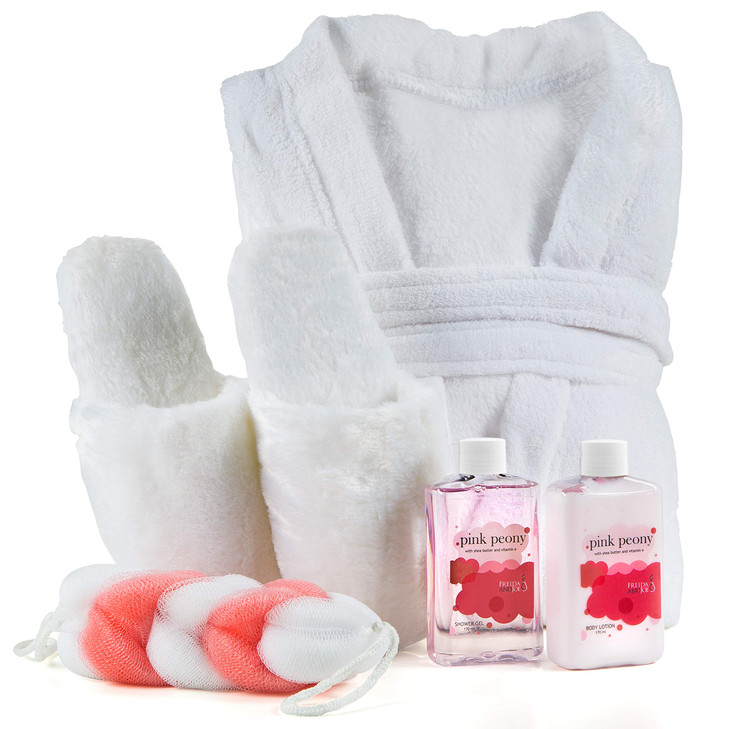 Luxury Home Spa Gift Basket with Pink Peony Scent Indulgent Ultra Soft Bathrobe Plush Slipper Spa Box for Women Complete
