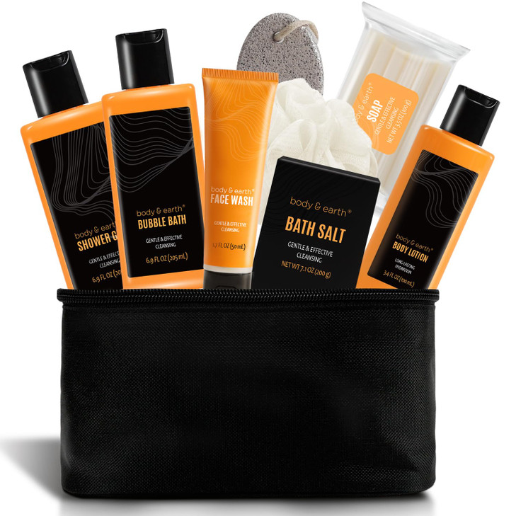 Gift Baskets for Men Bath Set Citrus Scented Mens Gift Sets with Face Wash Shower Gel Body Lotion Bubble Bath Loofah Bir