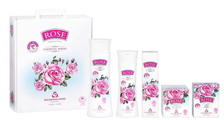 Bulgarian Rose 5 Piece Gift Set with Natural Rose Soap Rose Body Lotion Rose Hand Cream Rose Day Face Cream Rose Micella