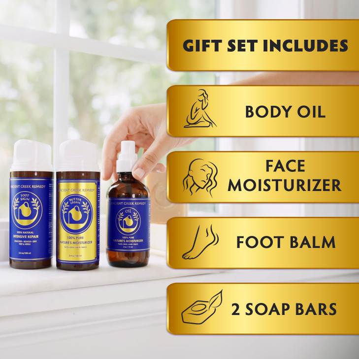 Ancient Greek Remedy Organic Spa Gift Set Body Oil Face Moisturizer Foot Balm 2 Soap Bars Lavender Scented Skin Care Gif