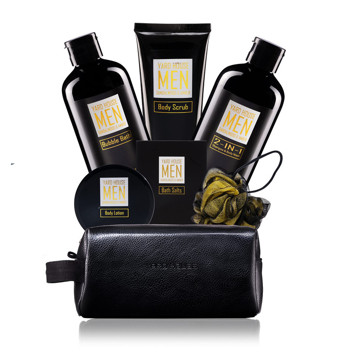 YARD HOUSE Bath and Body Spa Gift Baskets Set for Men Sandalwood Amber 7Pc Full Size Spa Kit in Toiletry Bag Fathers Day