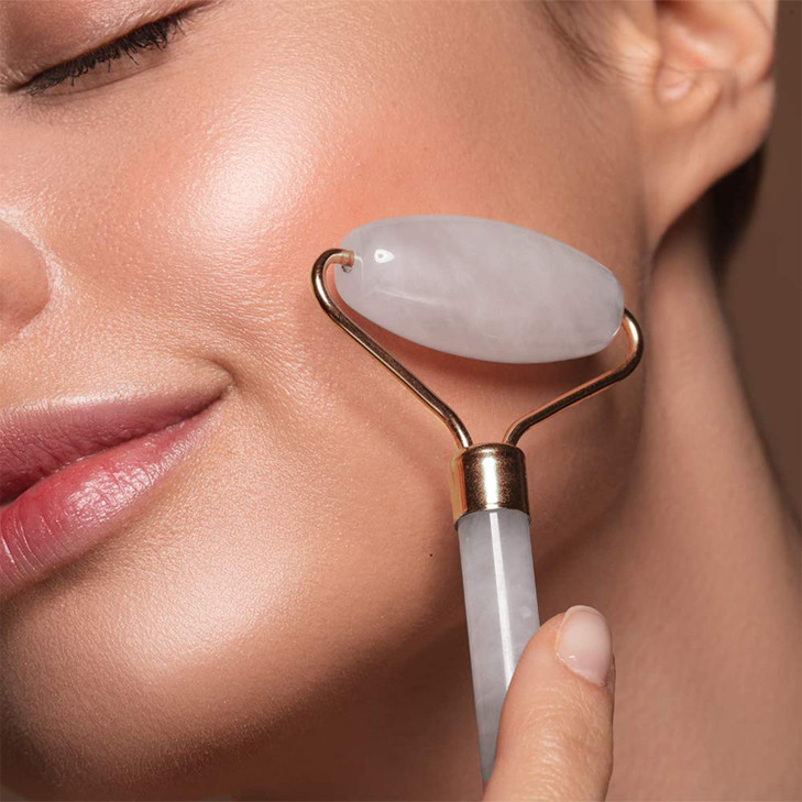 C CRYSTAL LEMON Rose Quartz Facial Roller for Face and Neck DualEnd Natural Stone Face Roller Cooling Massage Tool for P