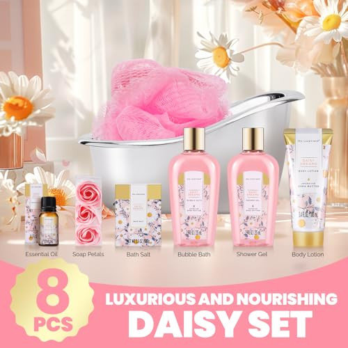 Self Care Gifts for Women Spa Luxetique Bath and Body Gift Set 8pcs Daisy Gift Baskets for Women with Bubble Bath Lotion