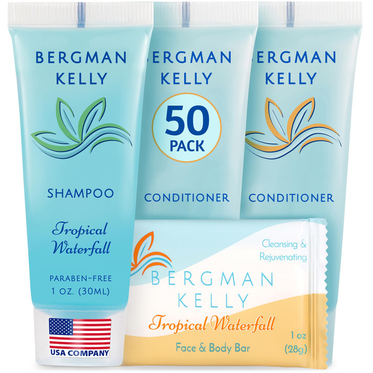 BERGMAN KELLY Rectangular Hotel Soap Bars Shampoo Conditioner 3Piece Set 1 oz each 150 pc Tropical Waterfall Delight Gue