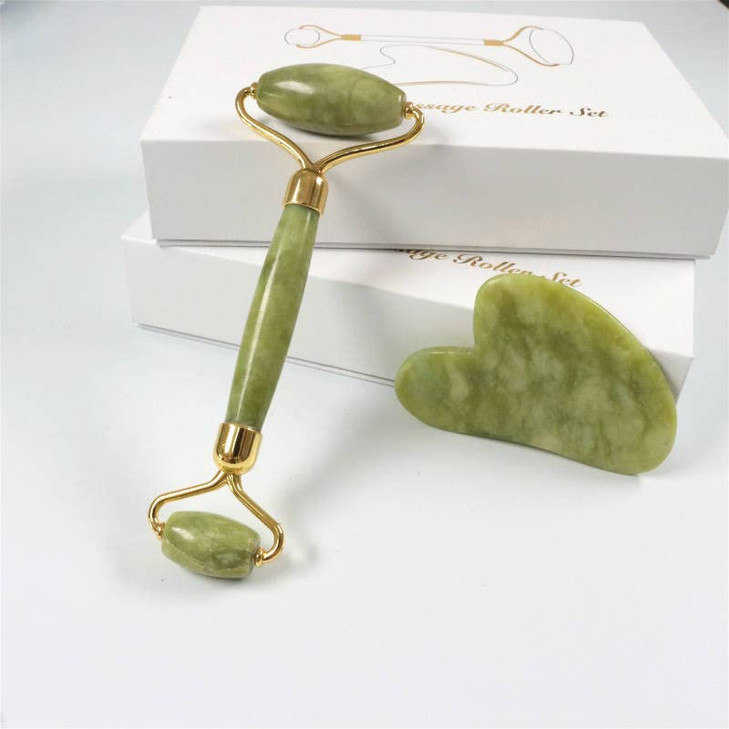 Face Massage RollerJade Roller Gua Sha Face RollerFacial Beauty Roller Skin Care Tool Green Massager for Face Eyes Neck