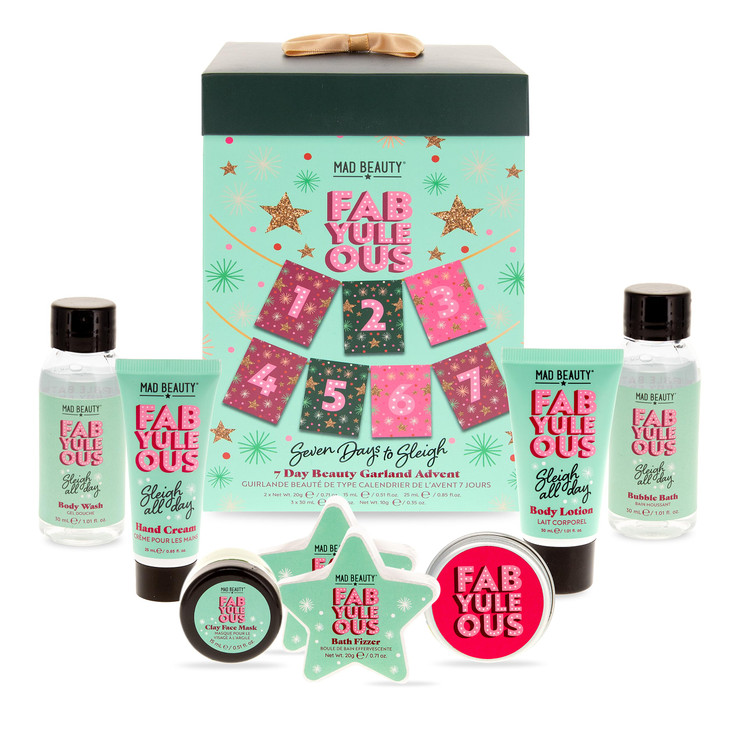 MAD BEAUTY FabYuleOus 7 Day Beauty Garland Advent Calendar 7 Days of Bath Body Goodies Body Wash Lotion Bath Salts Fizze