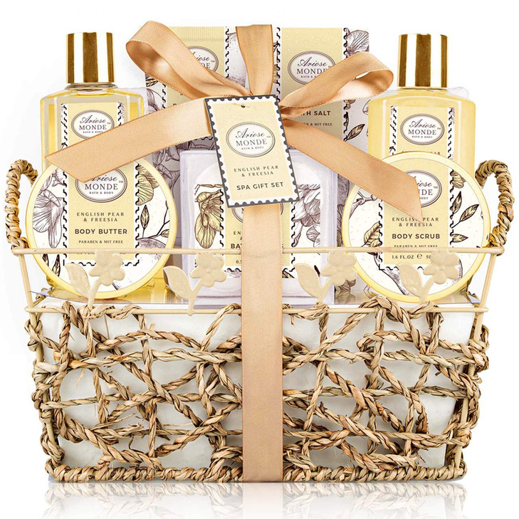 Bath Shower Spa Gift Basket Set with English Pear Freesia Fragrance Bath Gift Basket for Women Men Includes Body Lotion