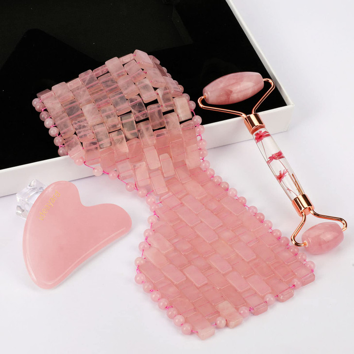 ideayard Rose Quartz Eye Mask Face Roller and Gua Sha 3in1 Real Natural AAA Rose Quartz for Skin Care SPA Facial