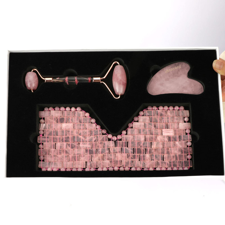 ideayard Rose Quartz Eye Mask Face Roller and Gua Sha 3in1 Real Natural AAA Rose Quartz for Skin Care SPA Facial