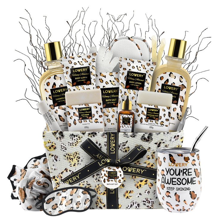 Luxury AtHome Spa Kit with Honey Almond Scent Bath Gift Basket with Vit ERich Bath Essentials Tumbler Ear Candles Bath O