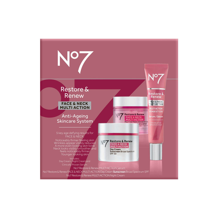 No7 Restore Renew Face Neck Multi Action Skincare System SPF 30 Day Cream with Vitamin C Collagen Peptides Anti Aging Fa