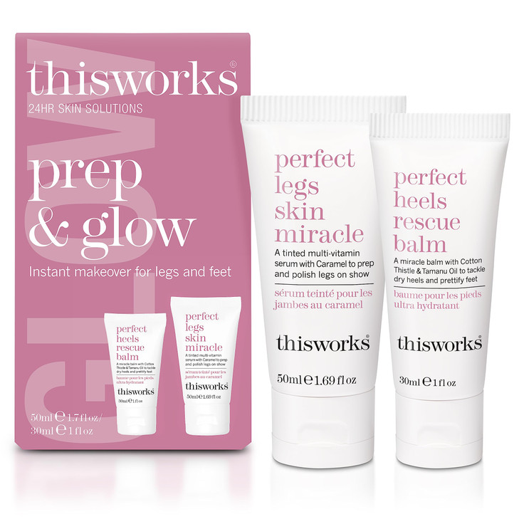 THISWORKS Prep and Glow Gift Set Travel Size Kit with Perfect Legs Skin Miracle and Perfect Heels Rescue Balm Foot Cream