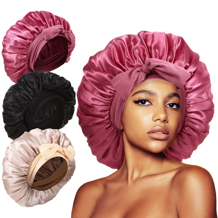 3Pcs Bonnets for Sleeping Extra Satin Silk Bonnet for Sleeping Women with Tie Band for Curly Hair Jumbo Bonnet Braids