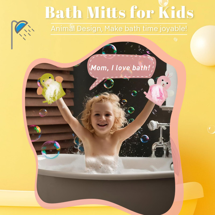 Kids Bath Gloves Loofah for Kids 2 Pack Glove Body Scrubber for Shower Animal Body Wash Gloves Easy to Lather