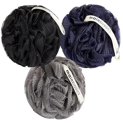 MainBasics Bath Shower Loofah Sponge Pouf Body Scrubber Exfoliator Body Wash Sponge Set of 3 Black Ice